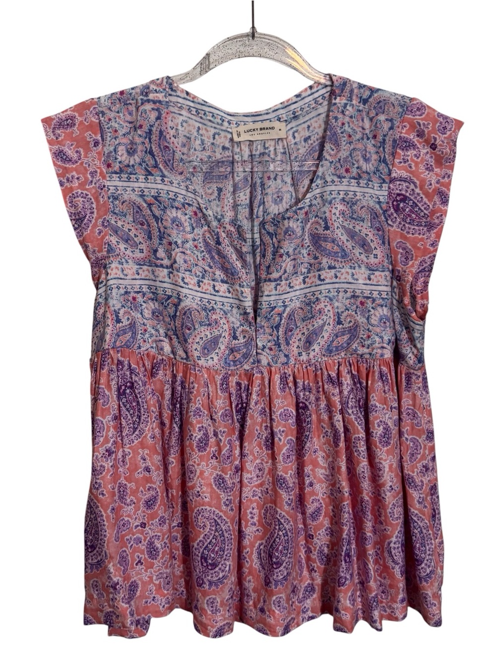 Lucky Brand Medium Colorful Paisley Print Top Boho Western Floral Print V-Neck